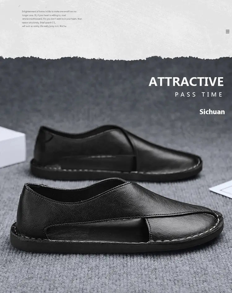 Herren-Schwarze Echtleder-Slip-on-Schuhe mit minimalistischem Design und kontrastierender weißer Ziernaht, geeignet für Strandbekleidung