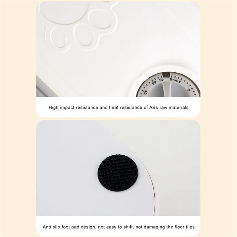 white plastic pet hair dryer with paw print design and temperature dial for grooming alongside an automatic pet feeder gravity waterer and food dispenser.