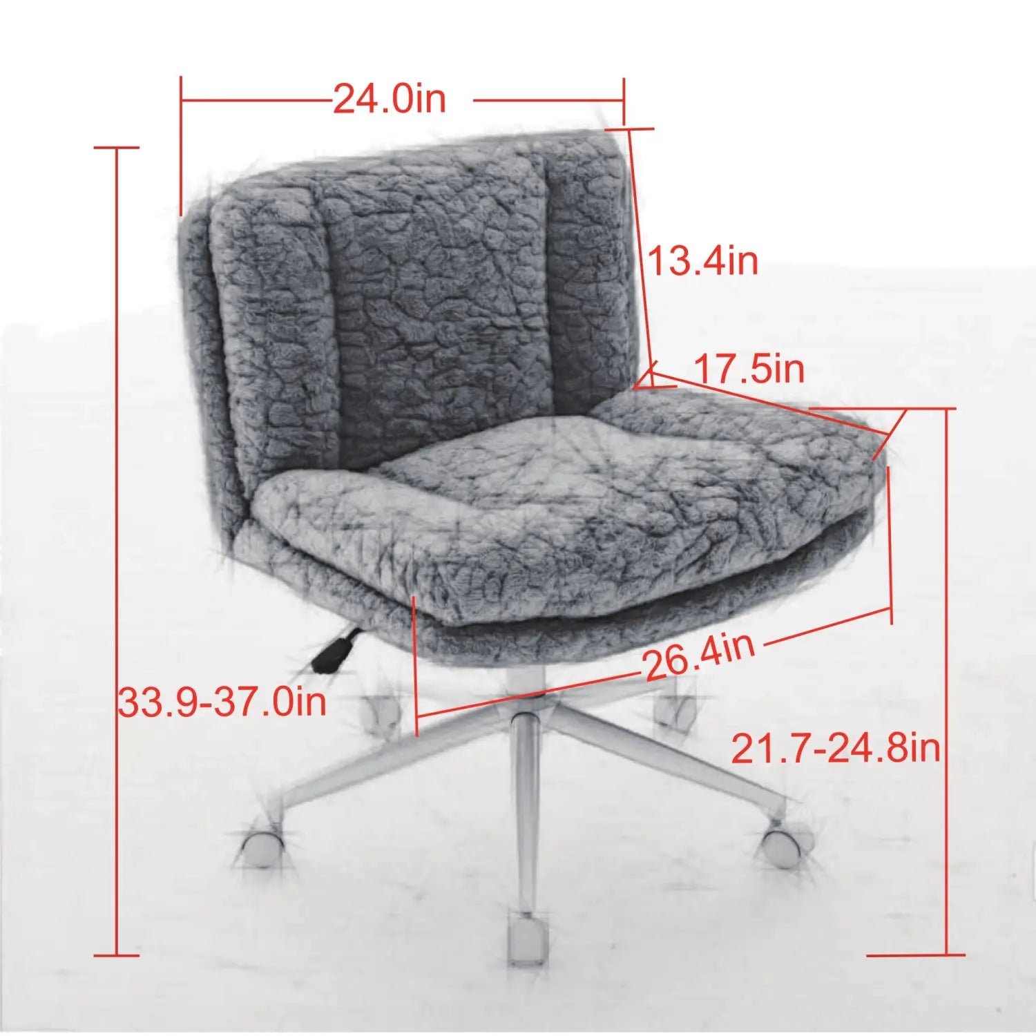 Chaise de bureau en fausse fourrure grise, avec assise large et base pivotante à cinq branches dotée de roulettes, conçue comme chaise de vanité.