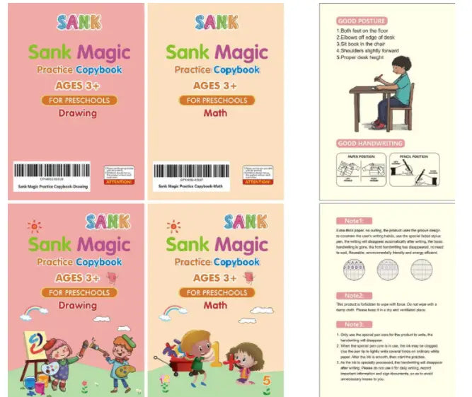 pink and beige sank magic practice copybook covers for kids preschoolers featuring colorful illustrations of children drawing and math activities