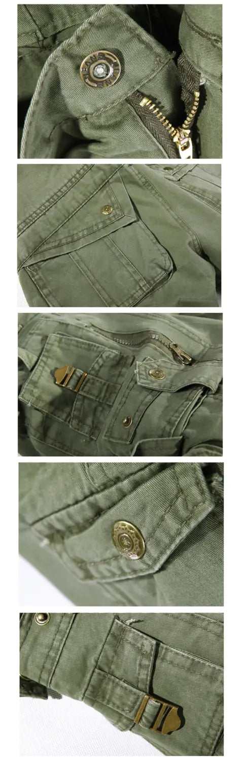 Men’s olive green utility jacket featuring multiple pockets and brass-toned metal hardware and zipper pulls, styled with multi pocket washed cargo pants.