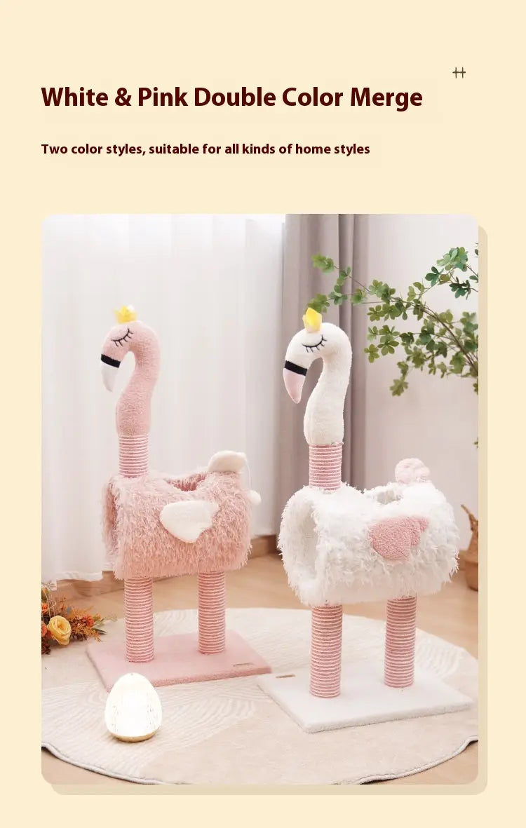 árbol para gato de peluche flamenco de color rosa y blanco con pelaje suave, postes rascadores de sisal y detalle en forma de corazón para el descanso y el juego de los felinos