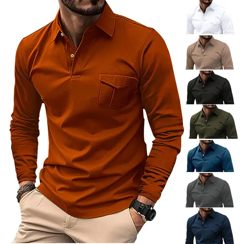 Herren-Polohemd mit langen Ärmeln in rost-orange mit klassischem Kragen und einer einzelnen Brusttasche, geeignet als Casual-Sporttop.