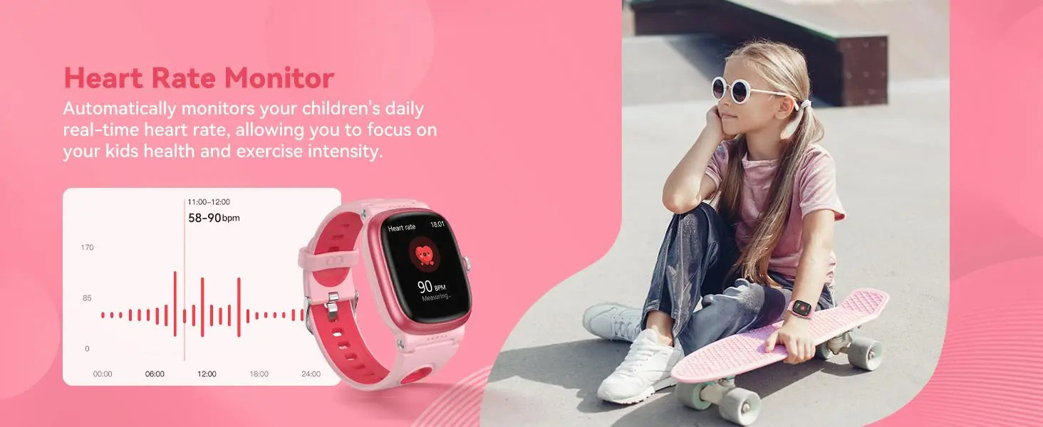 Pink K1 kids waterproof smartwatch with a digital display showing real-time children’s heart rate data and fitness tracking features.
