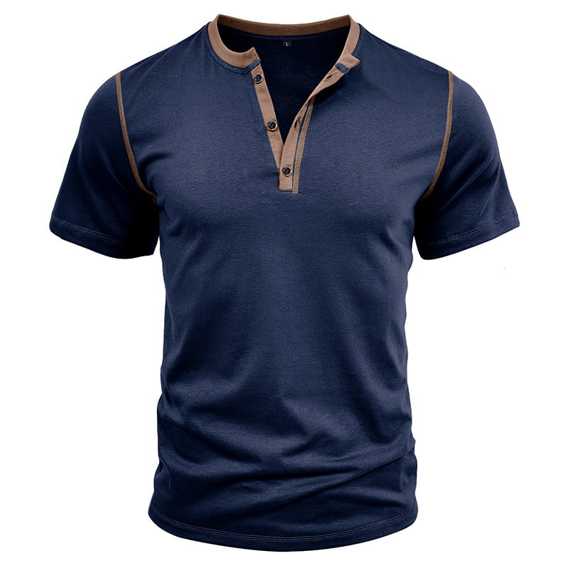 Navy blue short sleeve henley polo shirt with tan contrast trim and button placket made from breathable fabric for casual wear.