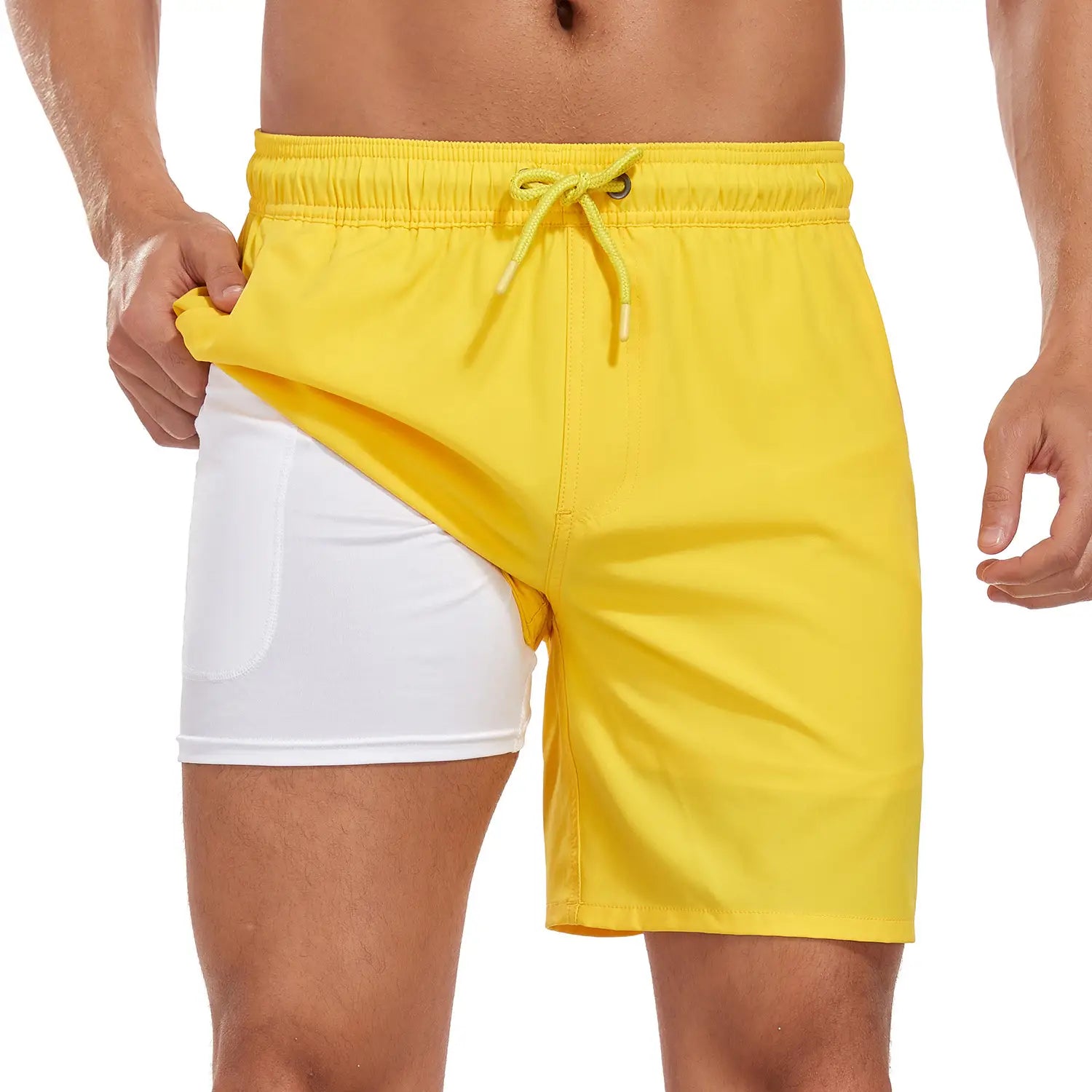 Men’s geometric print double layer beach shorts featuring bright yellow swim trunks with a white inner layer and a matching drawstring waistband.