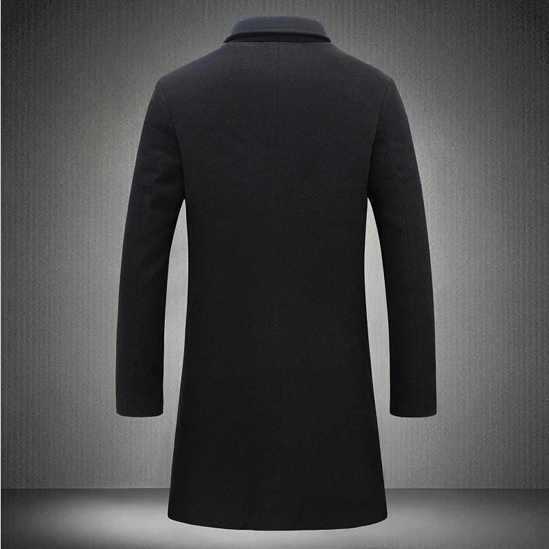 Black woolen overcoat with a classic collar and tailored fit for men’s business wear in dark gray.