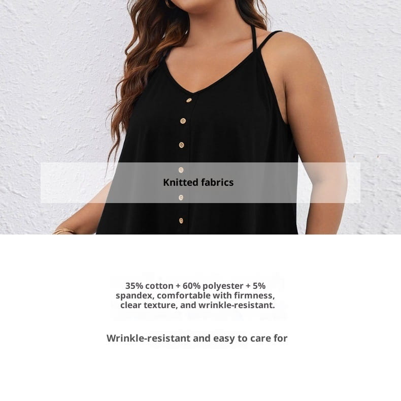 Black knitted sleeveless button front v neck tank top plus size with thin straps and gold toned buttons down the front.