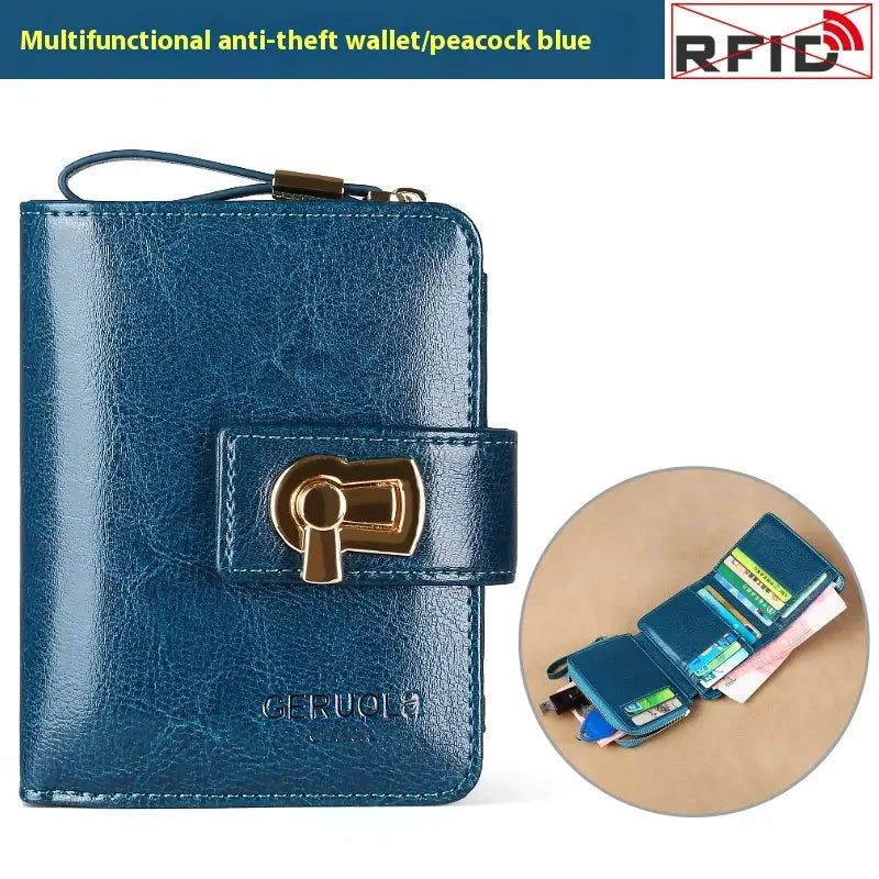 Peacock blue women’s leather RFID large capacity buckle wallet with multifunctional anti-theft design and gold-tone key-shaped clasp and textured leather finish.