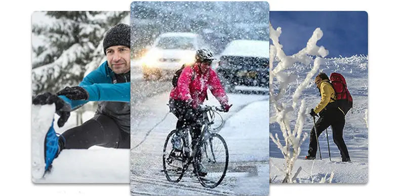 A collage showing individuals engaged in winter activities including a man shoveling snow wearing a blue jacket and black beanie and a cyclist in a pink top wearing waterproof touchscreen winter cycling gloves.