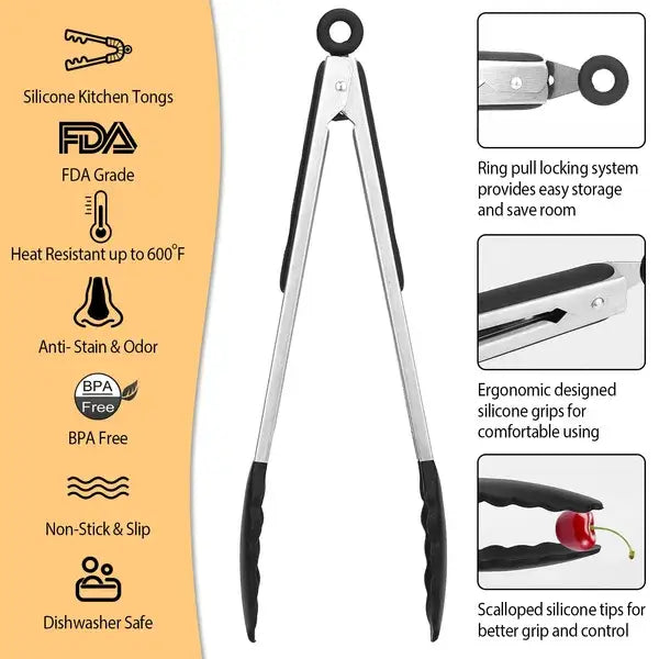 Silver stainless steel kitchen tongs with black scalloped silicone grips and a ring pull locking system from a three pack of stainless steel kitchen tongs with silicone tips.