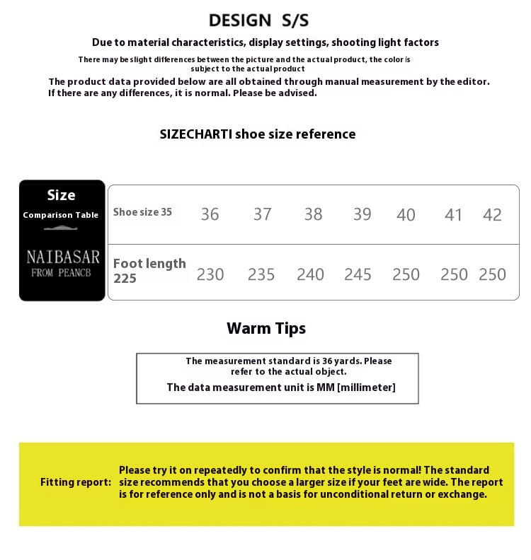 Naibasar black leather Mary Jane shoes with block heel size reference chart showing foot length measurements in millimeters for sizes 35 to 42.