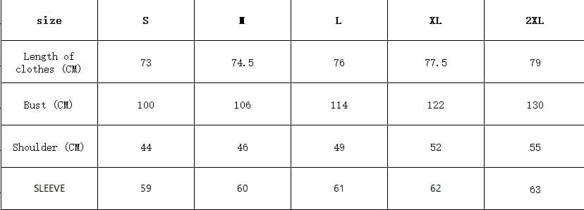 Size chart for women’s striped long sleeve button up shirt dress showing measurements in centimeters for sizes s through 2xl.