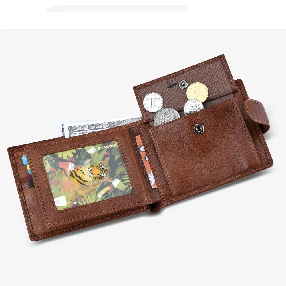 Brown leather cowhide bifold wallet with multifunctional design featuring a clear id window displaying a tiger and multiple card slots.