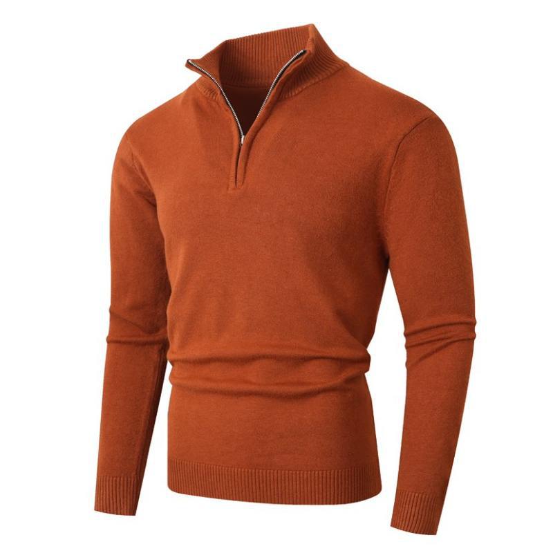 Pull en molleton pour homme, grande taille, demi-zip, de couleur rouille, avec manches longues, poignets côtelés et texture tricotée.