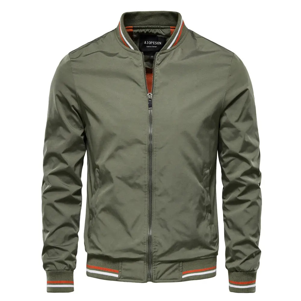 Men’s olive green bomber jacket casual zip outerwear with red and white striped trim on collar cuffs and waistband.