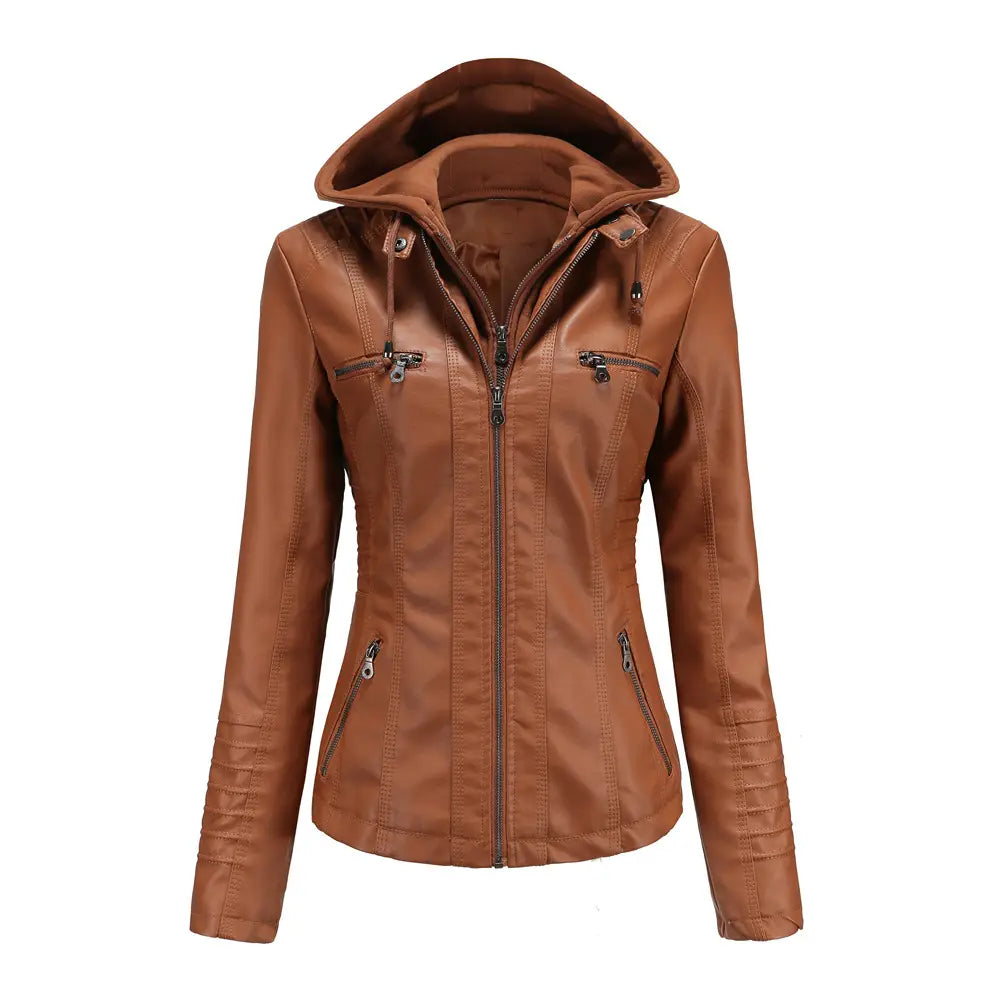 Brown faux leather hooded slim fit jacket with two-piece detachable design, central zipper, and zippered pockets.