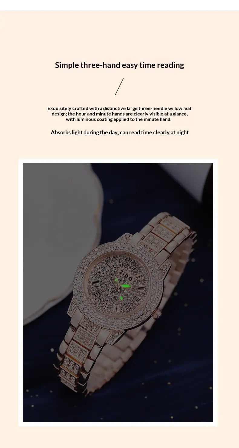 Rose gold zido diamond encrusted women’s quartz watch featuring a gold-tone case with diamond accents, three-hand willow leaf design, and luminous hands.