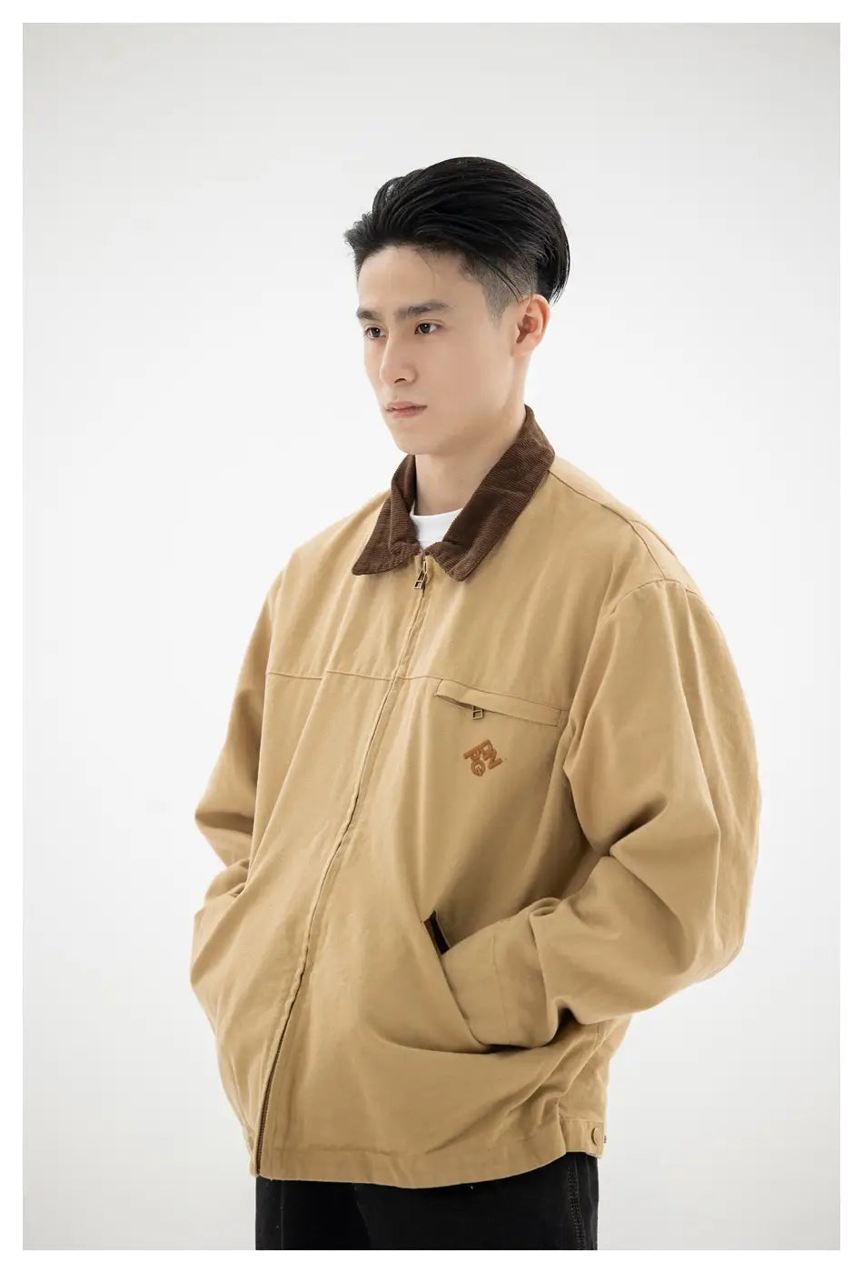 Retro Washed Detroit Jacket Men featuring a tan corduroy collar and subtle embroidered logo on the chest.