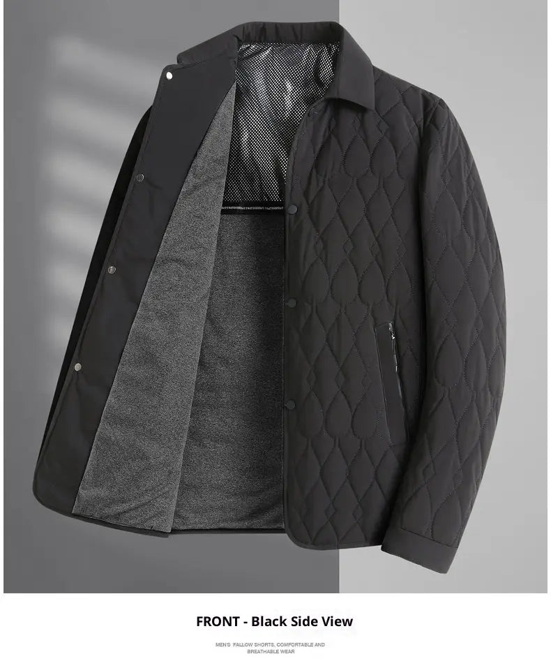 Schwarze gesteppte Businessjacke mit leichtem Diamantmuster-Design eines Mantels, mit grauem Fleece-Innenfutter und Mesh-Futter