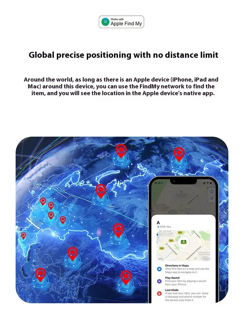 iphone displaying the apple find my bluetooth tracker locator app with a map showing global locations marked by red pins.