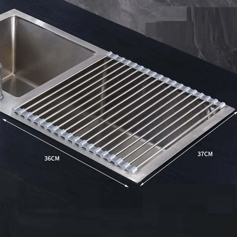 stainless steel roll up dish drying rack for sink with a sleek grid-like design and reinforced edges in silver stainless steel