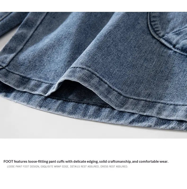 blue denim cargo shorts in light wash featuring loose-fitting cuffs and delicate edging for streetwear style