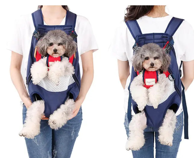 Navy blue dog carrier backpack with red accents and breathable striped mesh panels for comfortable pet transport.