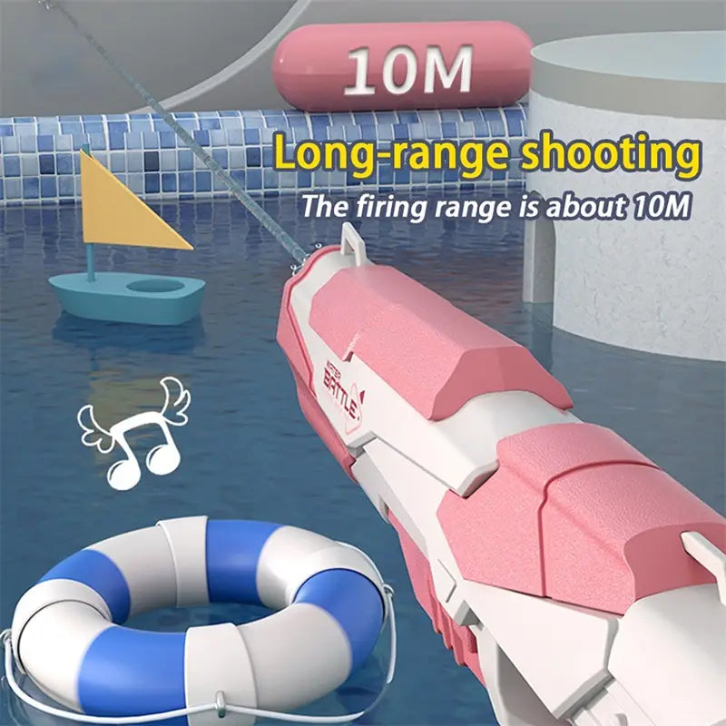 Pink and white foam electric water gun with battle branding automatic glock toy for kids 358ml capacity.