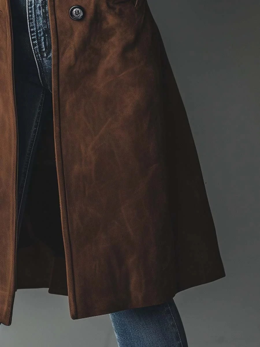 Manteau long en trench-coat western pour femmes en daim marron, avec une fermeture à boutons foncés affichée sur le devant.