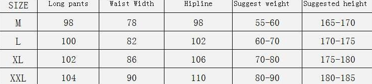 The image displays a size chart for men’s slim fit tapered athletic joggers listing waist width and hipline measurements for sizes M through XXL.