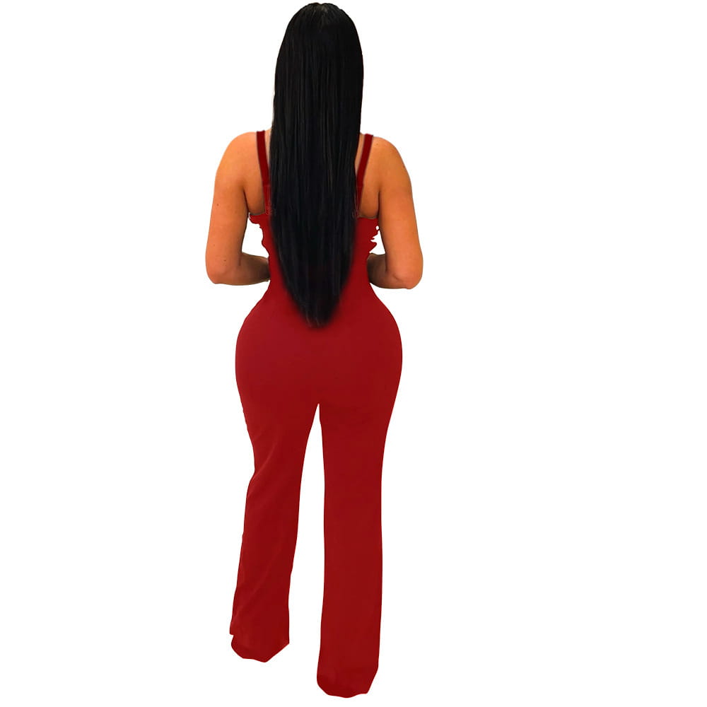 A vibrant red butterfly wing slim fit jumpsuit with thin straps and flared legs made from form-fitting material.