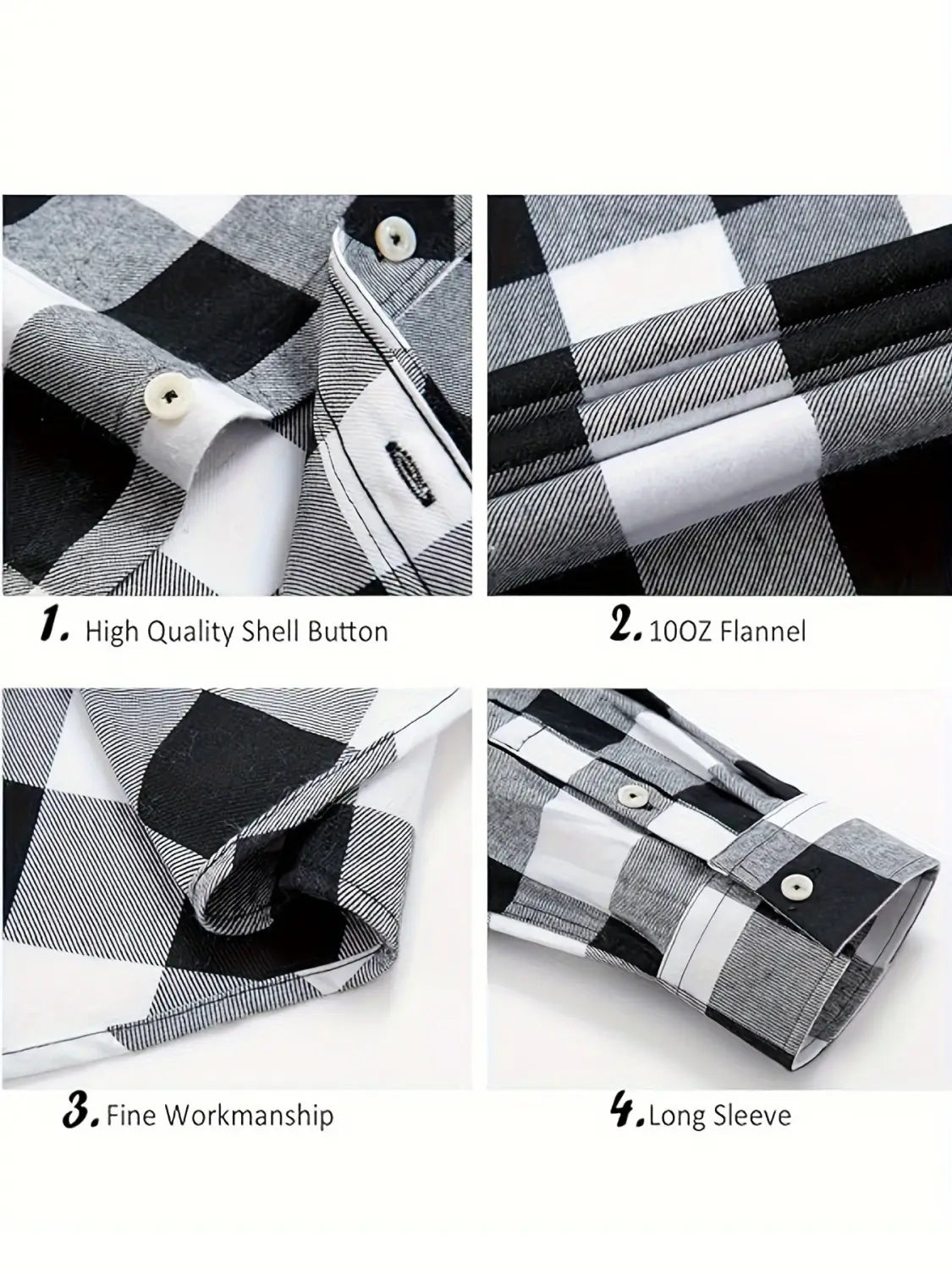 Men’s slim fit plaid flannel button up shirt in black and white checkered pattern with 10oz weight long sleeves and high quality shell buttons.