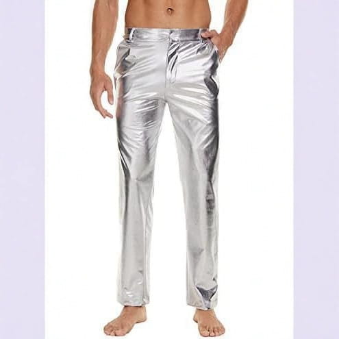 metallic silver high waist straight leg disco pants featuring shiny silver metallic material with a sleek reflective finish and classic straight-leg cut