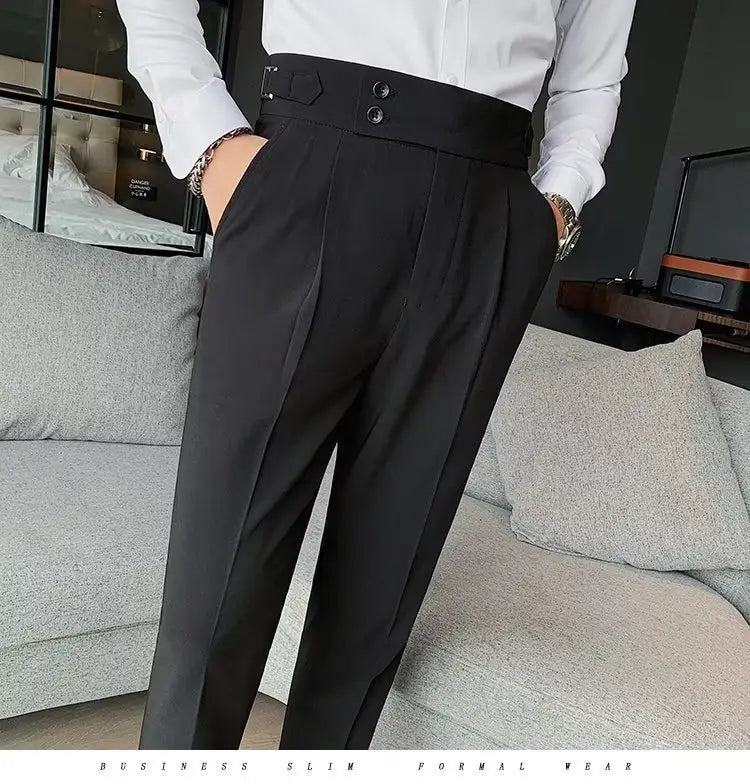 Black slim-fit formal trousers with a high-waisted design and double-button closure from Korean style slim fit men trousers.