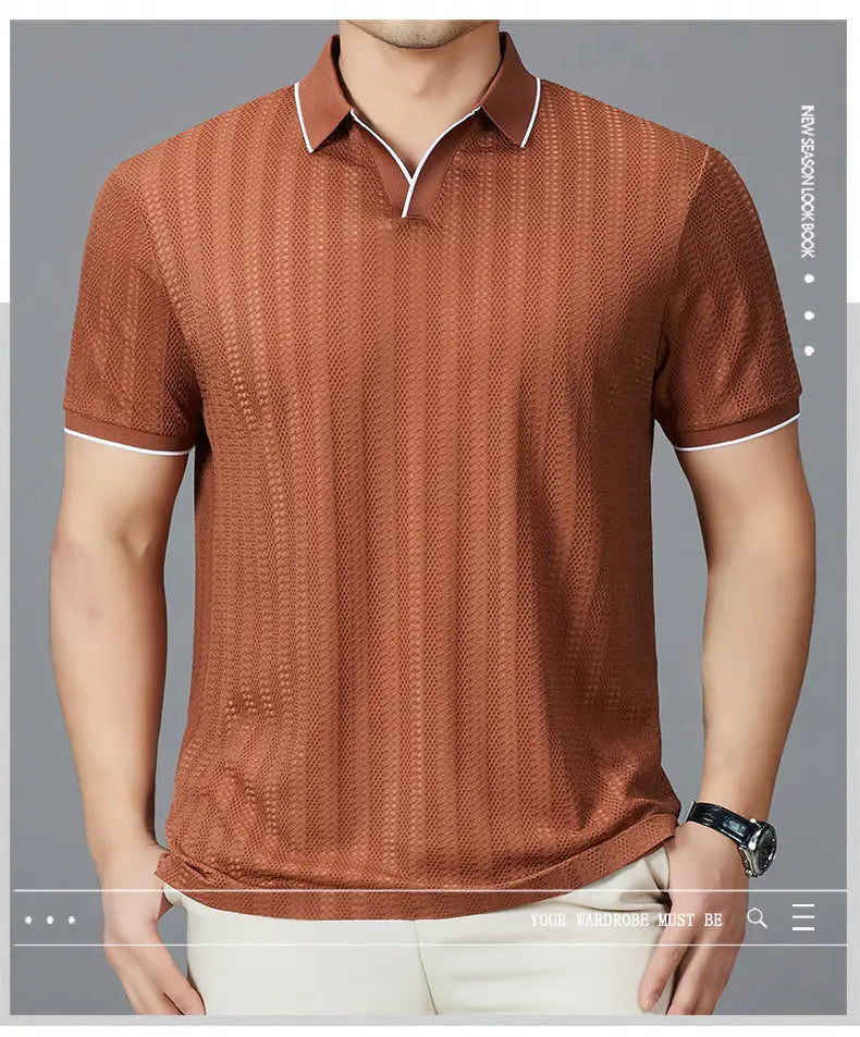 A rust-colored men’s textured ice silk polo shirt with a vertical ribbed knit pattern and contrasting white trim on the collar and sleeve cuffs.