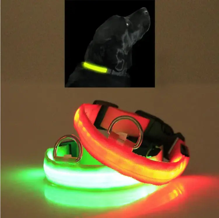 A led dog collar reflective light up safety halo belt with a flexible band featuring integrated red and green lights and sturdy metal hardware.