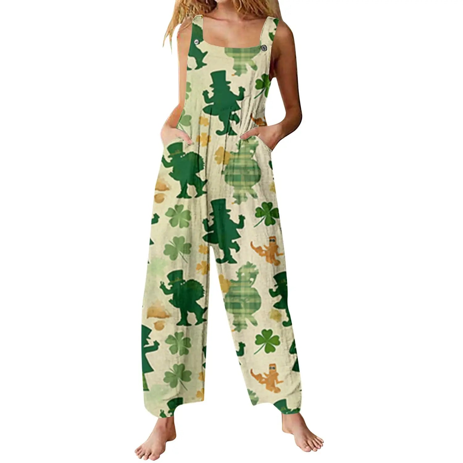 A woman wears cream-colored sleeveless suspender pants with wide legs featuring a 3d printed playful pattern of green leprechauns and shamrocks.