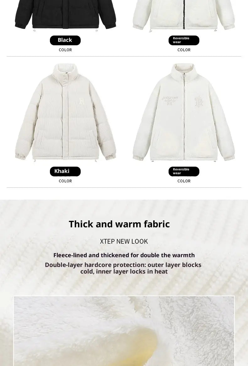 Schwarze und khakifarbene reversible Cord-Pufferjacken mit dicker Fleece-Fütterung für Wärme und Komfort