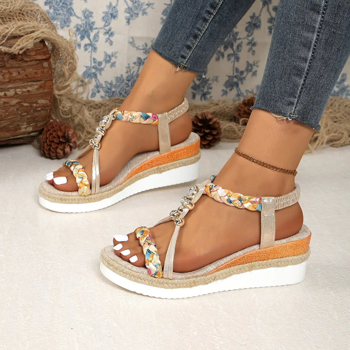 Sandalias tipo cuña beige y naranja para mujer con correas de tela trenzada y acentos de pedrería brillante, con suelas planas tipo espadrille tejidas.