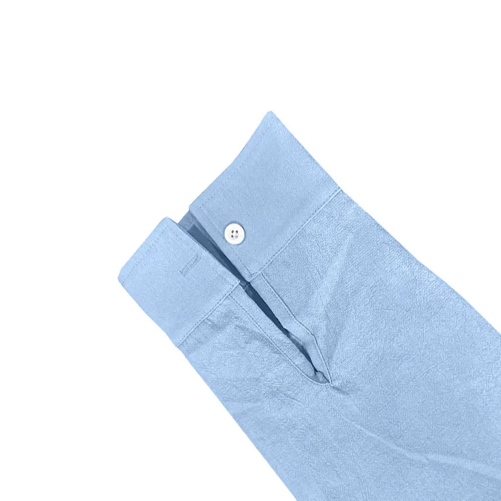 men’s casual linen stand collar long sleeve shirt with a light blue cotton button-down cuff featuring a white four-hole button.
