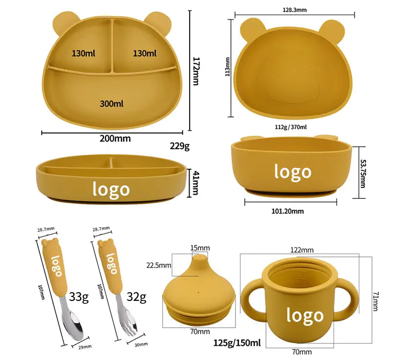 Ensemble repas pour bébé à thème ours en silicone jaune, comprenant un bol à assiette divisée, un gobelet d’apprentissage et une cuillère et une fourchette en acier inoxydable pour les repas des tout-petits.