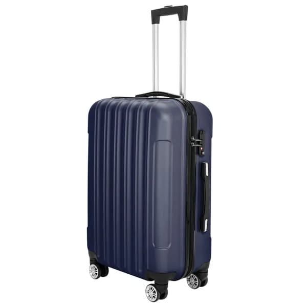 Navy blue hard shell suitcase with vertical ridges silver telescoping handle and wheels from a 3-piece navy blue hard shell spinner luggage set.