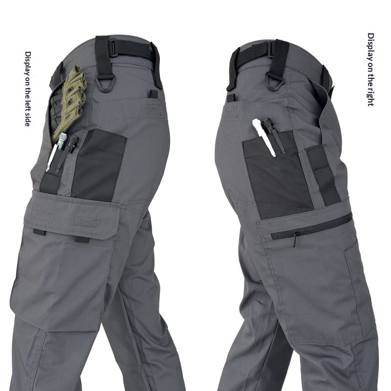 Dark gray tactical cargo pants for men with multiple pockets and black reinforced accents designed for summer use.