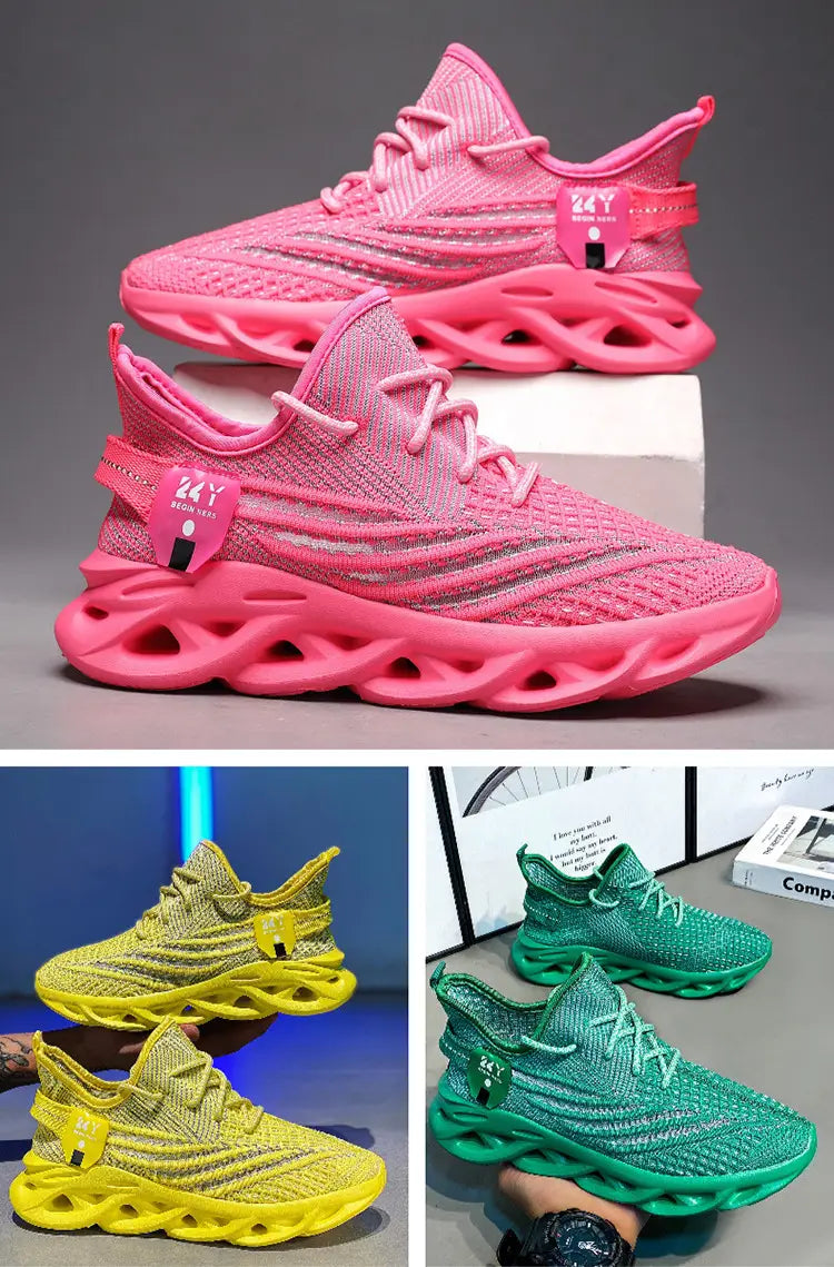 Vibrant pink flyknit mesh platform running shoes for men with knit material, bold sculpted sole, and matching laces.