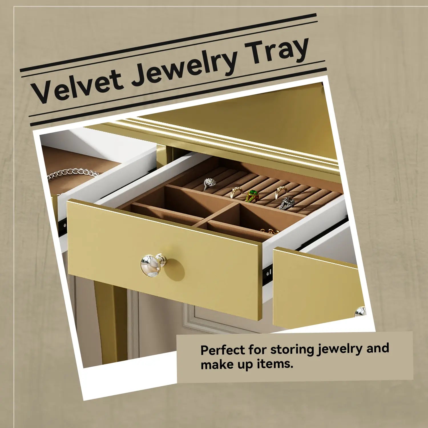 gold-finished velvet jewelry tray with segmented compartments for organizing rings and accessories designed for the gold makeup vanity desk with oval mirror and three drawers