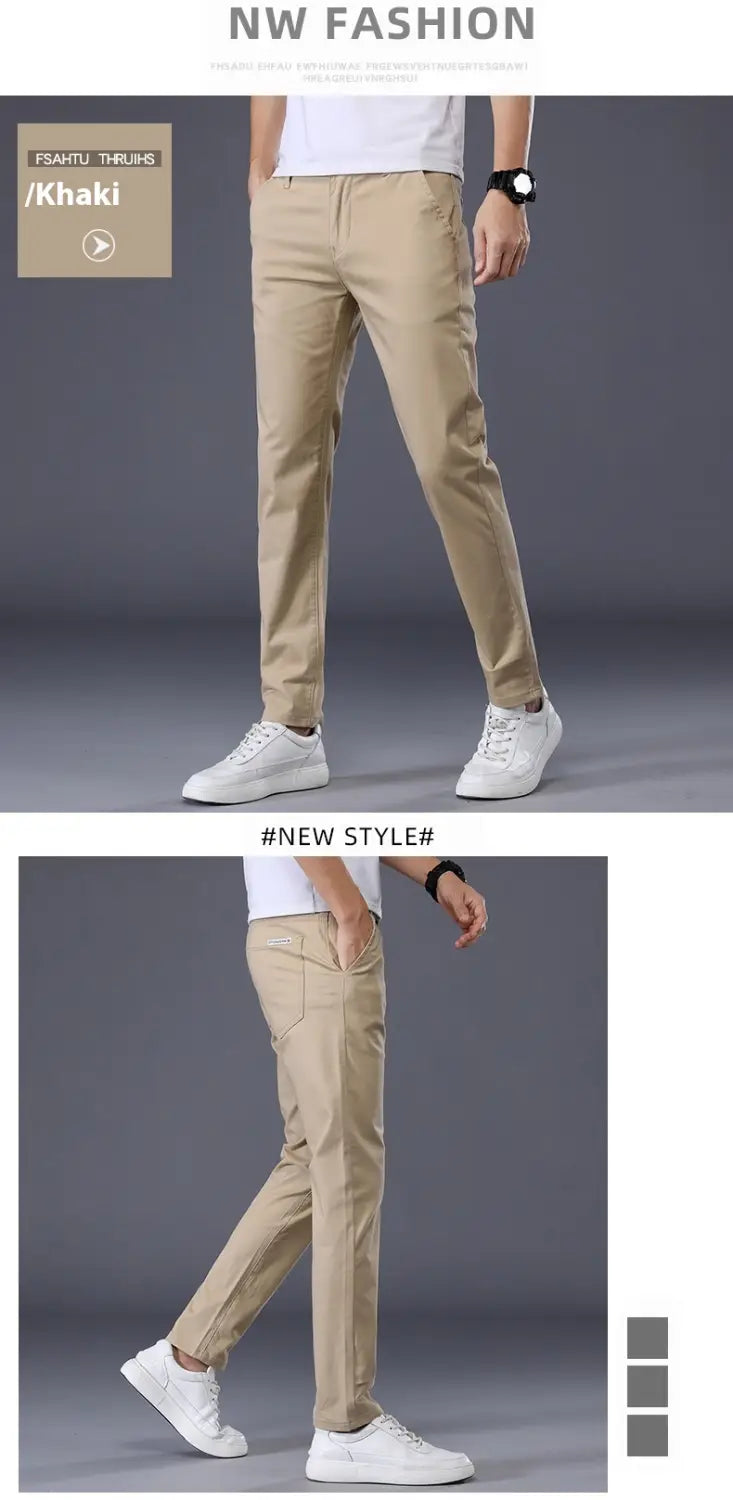 Herren-Chinohosen Slim Fit aus elastischer Baumwolle mit geradem Bein in Khaki, mit cleanem und modernem Design.