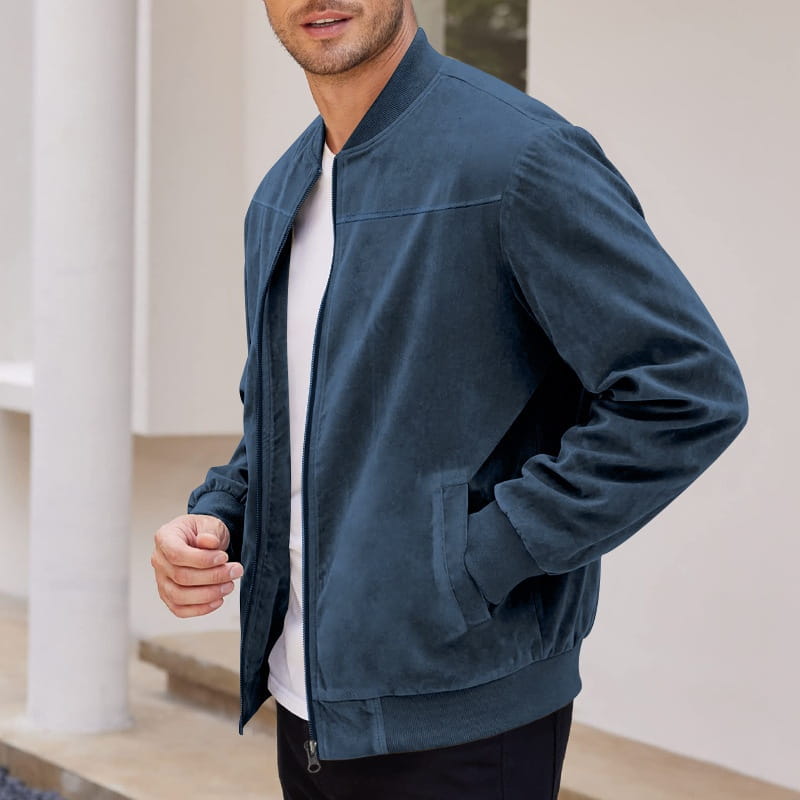 Men suede casual retro jacket featuring a dark blue suede bomber design with a ribbed collar and front zipper.