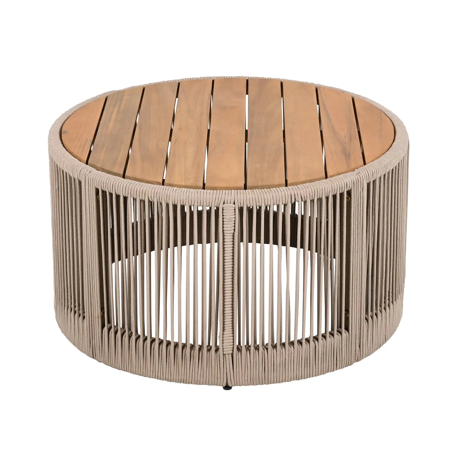 Round outdoor coffee table with a natural wood slat top and beige woven rattan sides from the rustic industrial table set woven rope coffee side table.