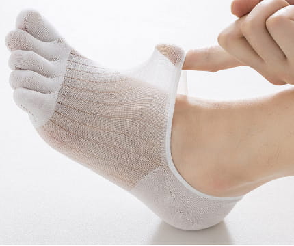 White modal five-finger breathable ultra-thin boat sock with a sheer mesh design and ribbed texture.